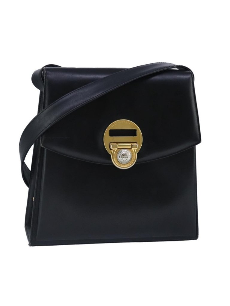 Authentic Gianni Versace Shoulder Bag Leather Black Gold